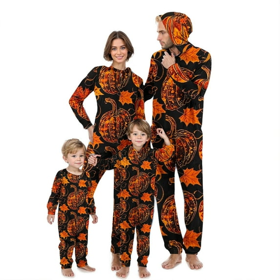 AGWOLF Halloween Family Onesie Pajamas Matching Sets Cute Pumpkin Print Hoodie Pjs Long Sleeve Zipper One-Piece Jammies Sleepwear Mom S