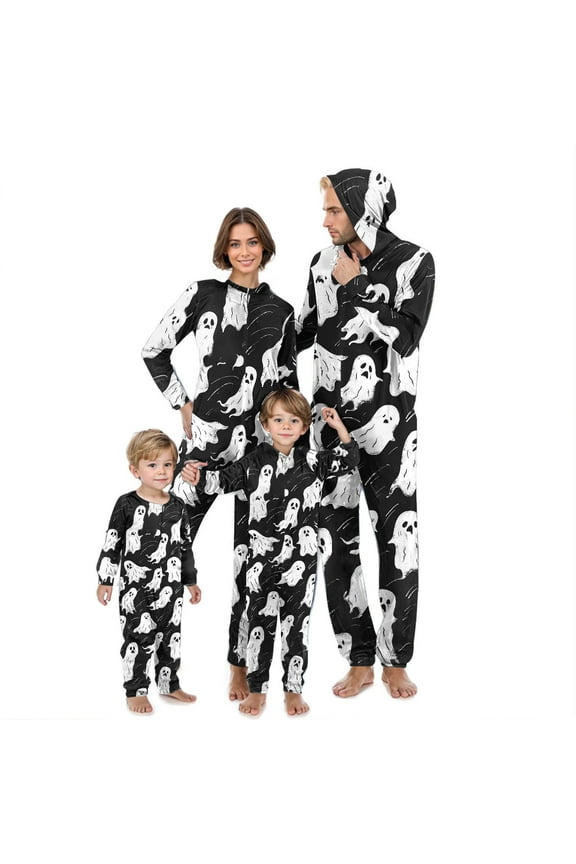Halloween Ghost Pajamas for Family Matching Sets Long Sleeve Zipper Jumpsuits Soft Hooded Sleepwear Family Matching Halloween Pjs Sets Dad XXL