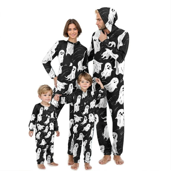 AGWOLF Halloween Ghost Pajamas for Family Matching Sets Long Sleeve Zipper Jumpsuits Soft Hooded Sleepwear Family Matching Halloween Pjs Sets Mom XXL