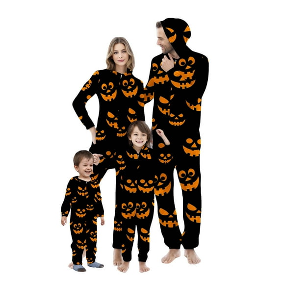 AGWOLF Halloween Matching Family Pajamas Sets Full Zip Hooded Jumpsuits One-Piece Romper Cute Pumpkin Costume Loungewear Kid 7 Years