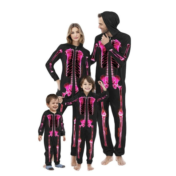 AGWOLF Halloween Pajamas Family Sets Full Zip Skeleton Onesies Long Sleeve Hooded Sleepwear Novelty One Piece Pajamas Holiday Pjs Sets for Family Dad L