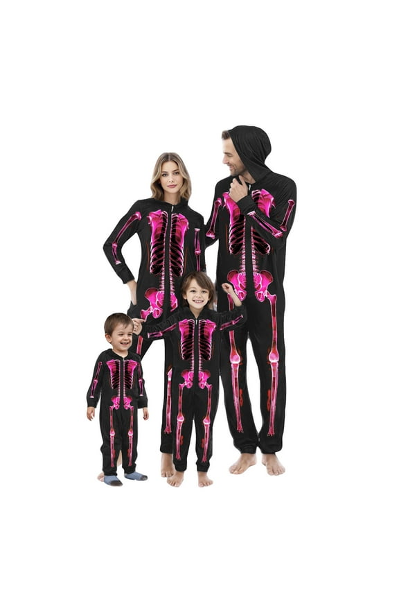 Halloween Pajamas Family Sets Full Zip Skeleton Onesies Long Sleeve Hooded Sleepwear Novelty One Piece Pajamas Holiday Pjs Sets for Family Dad XXL