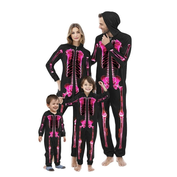 AGWOLF Halloween Pajamas Family Sets Full Zip Skeleton Onesies Long Sleeve Hooded Sleepwear Novelty One Piece Pajamas Holiday Pjs Sets for Family Mom XXL