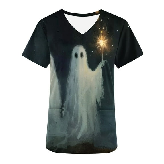 AGWOLF Halloween Scrub Top for Women 2024 Fall Ghost Printed V-Neck Short Sleeve Nurse Shirt Uniform Working Nursing Workwear with Pockets