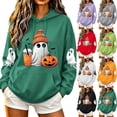 thumbnail image 1 of AGWOLF Halloween Sweatshirts Women Cute Ghost Graphic Pullover Hoodies Stretch Going Out Long Sleeve Sweater Tops Halloween Costumes Mint Green M, 1 of 7