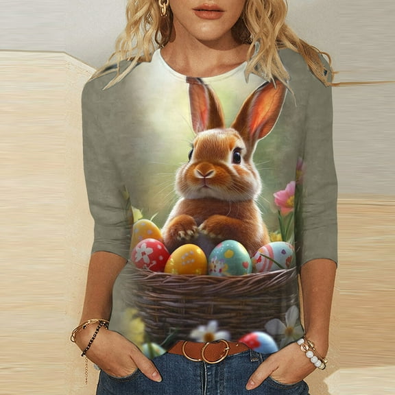 AGWOLF Happy Easter Shirts Women Easter Egg Print Tee Cute Rabbit Graphic T-Shirt Easter Gift 3/4 Sleeve Tops Casual Round Neck Workout Tshirts
