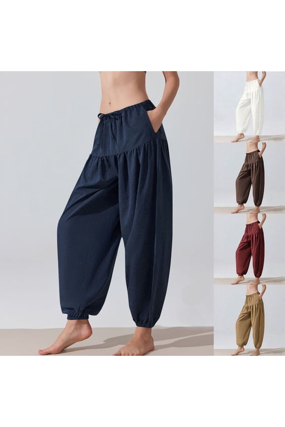 Harem Pants for Women Wide Leg Baggy Yoga Pant Elastic Waisted Lounge Trousers with Pockets Summer Lightweight Trouser White L