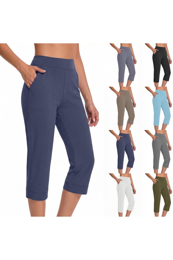 High Waisted Capris Yoga Pants with Pockets Tummy Control Workout Capri Butter Soft Moisture Wicking Crop Trousers Stretchy Running Trouser Khaki M