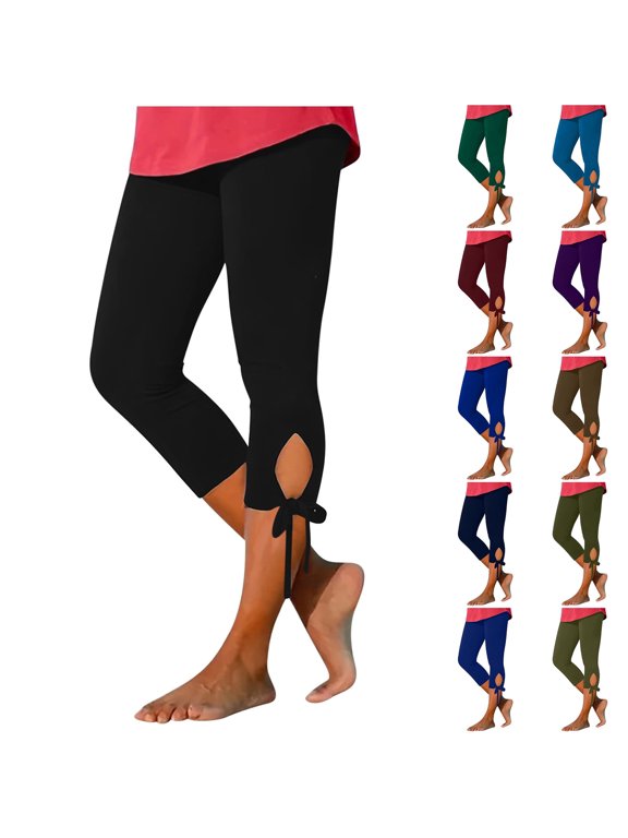 High Waisted Leggings for Women Tummy Control Summer Yoga Capris Knee Length Crop Pants Solid Color Workout Gym Leggings Lightweight Ladies Clothing