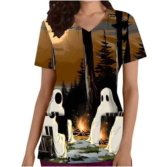 AGWOLF Holiday Scrubs for Women Halloween Pockets Scrub Tops Cute Ghost Print Short Sleeve V Neck T Shirts Nurse Work Uniform T-Shirts