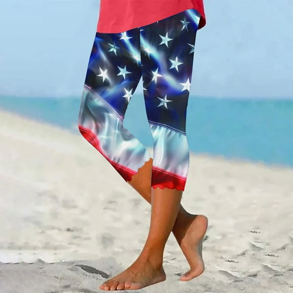AGWOLF Independence Day Capri Leggings for Women Plus Size Tummy Control Yoga Capris 4th of July High Waisted Leggings Patriotic Workout Pants Multicolor XL