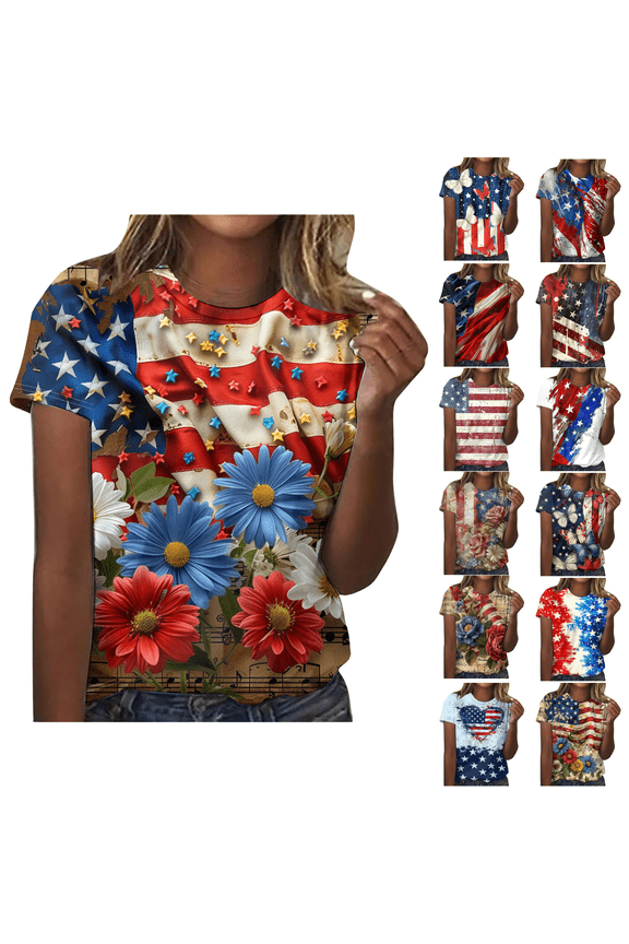 Independence Day Tops for Women Casual Patriotic USA Flag Graphic Tees Beach Short Sleeve Tshirts Round Neck Trendy Blouses Shirts Plus Size Multicolor XXXL
