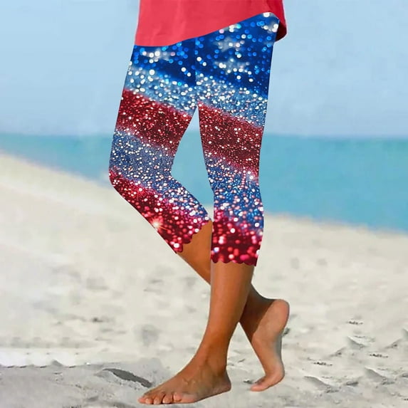 AGWOLF Independence Day Women's Capri Leggings Plus Size High Waisted Leggings 4th of July Tummy Control Yoga Capris Stretch Workout Tights Multicolor 2XL