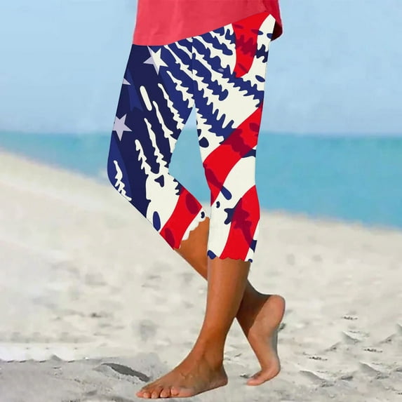 AGWOLF Independence Day Womens Capri Leggings Tummy Control Yoga Capris 4th of July High Waist Workout Leggings Patriotic American Flag Print Tights Multicolor 2XL