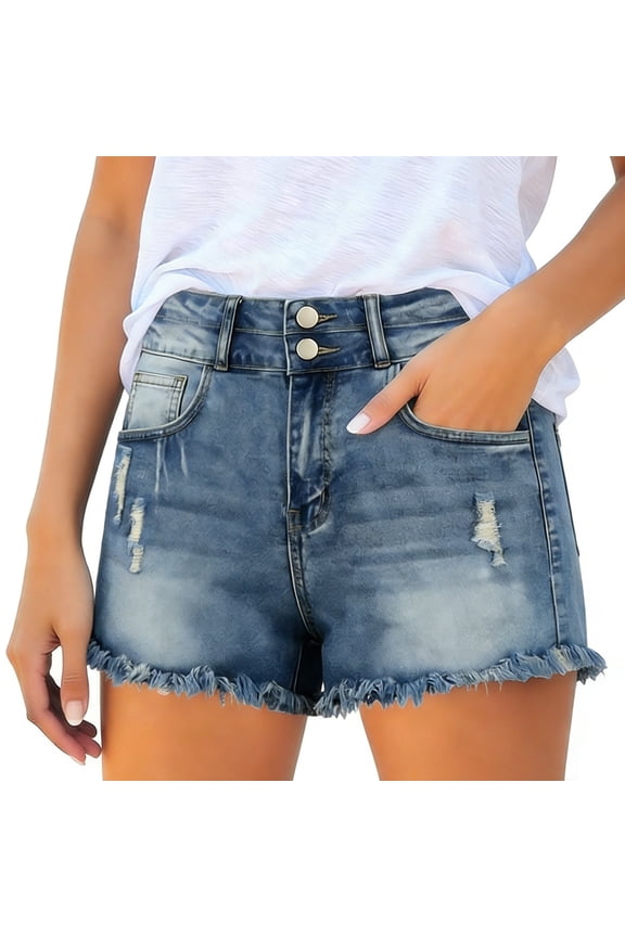 Jean Shorts Womens Ripped High Waisted Stretchy Mom Jorts Two Buttons Frayed Hem Denim Shorts Distressed Navy S