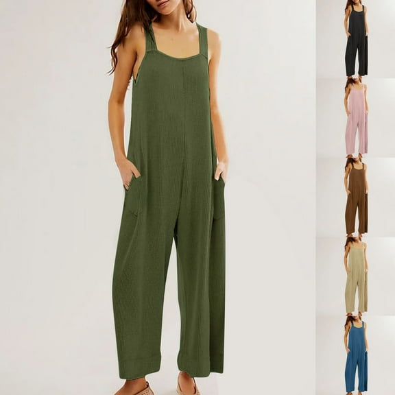 AGWOLF Jumpsuits for Women Comfy Ribbed Knit Wide Leg Rompers Oversized Open Back Overalls with Pockets