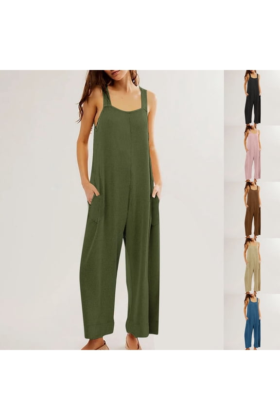 Jumpsuits for Women Comfy Ribbed Knit Wide Leg Rompers Oversized Open Back Overalls with Pockets