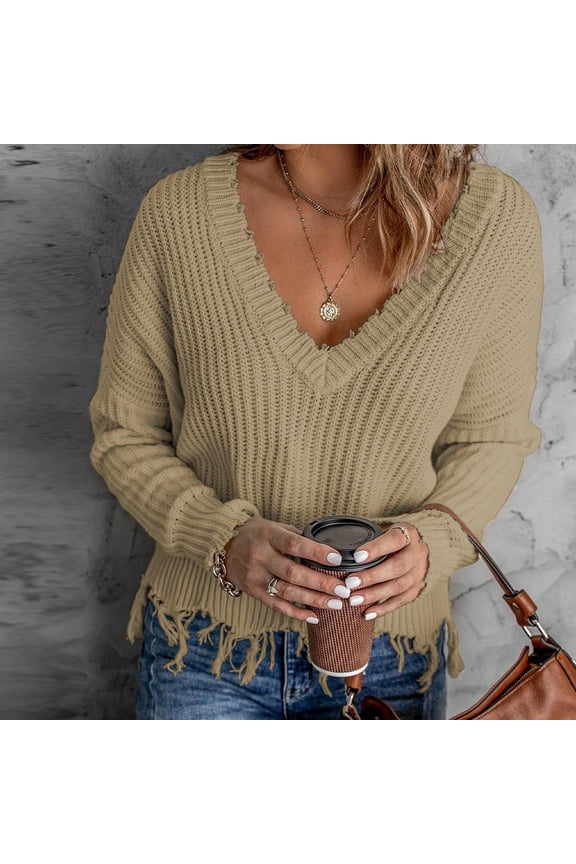 Knit Sweaters for Women Cozy V Neck Ripped Hem Pullover Oversized Long Sleeve Jumper Tops Fal Winter Solid Color Shirts