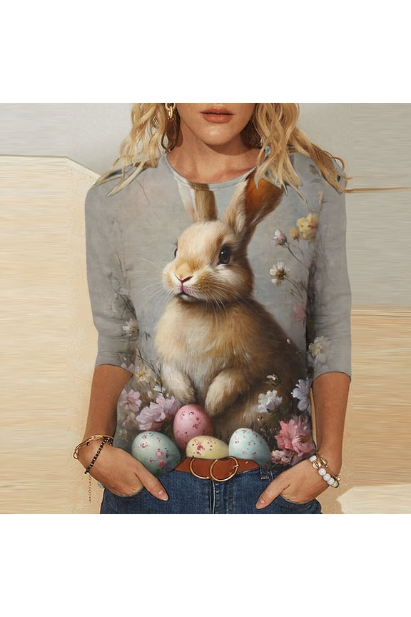 Ladies 3/4 Sleeve Tunic Womens Easter Shirts Plus Size Crewneck T-Shirt Retro Bunny Eggs Floral Graphic Tees Holiday Easter Gifts for Women
