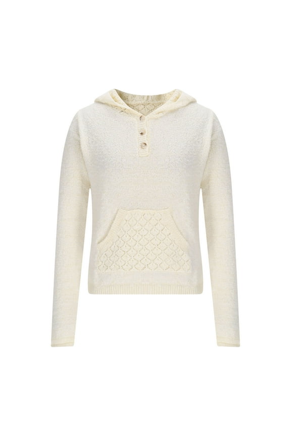 Lightweight Sweaters for Women Cozy Button Collar Hooded Pullover Soft Knit Long Sleeve Jumper with Pocket