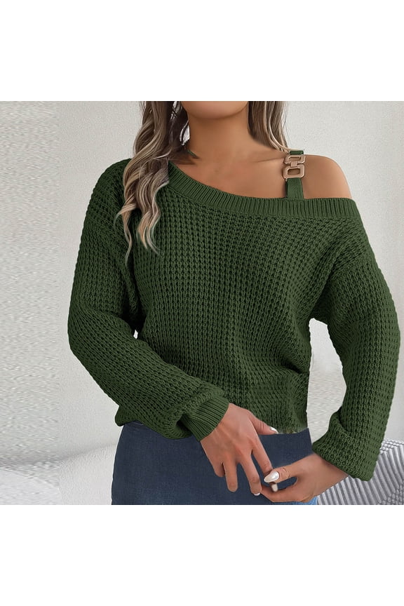 Lightweight Sweaters for Women Oversized Metal Buckle Strap Cold Shoulder Knit Jumper Solid Long Sleeve Pullover
