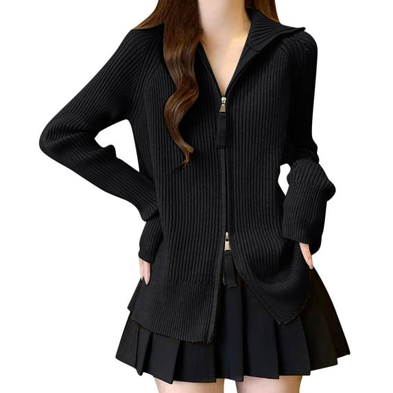 AGWOLF Lightweight Sweaters for Women Trendy Zip Up Ribbed Knit Jumper Tops Casual Solid Color Long Sleeve Pullover