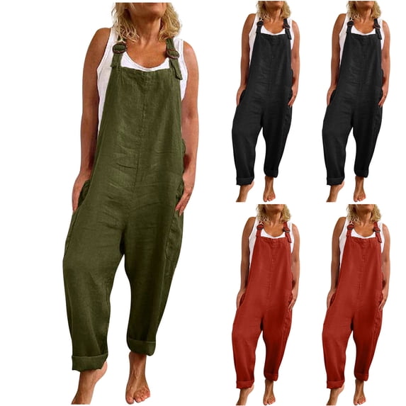 AGWOLF Line Overalls for Women Loose Fit Adjustable Straps Bib Overall Summer Casual Rompers with Pockets Vintage Dungarees Red M