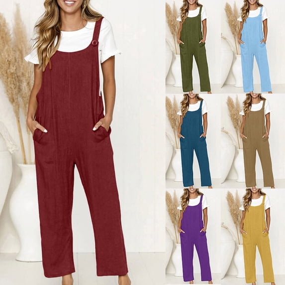 AGWOLF Linen Bib Overalls for Women Plus Size Adjustable Straps Jumpsuits Wide Leg Sleeveless Rompers with Pockets Summer Casual Jumpsuit Green M