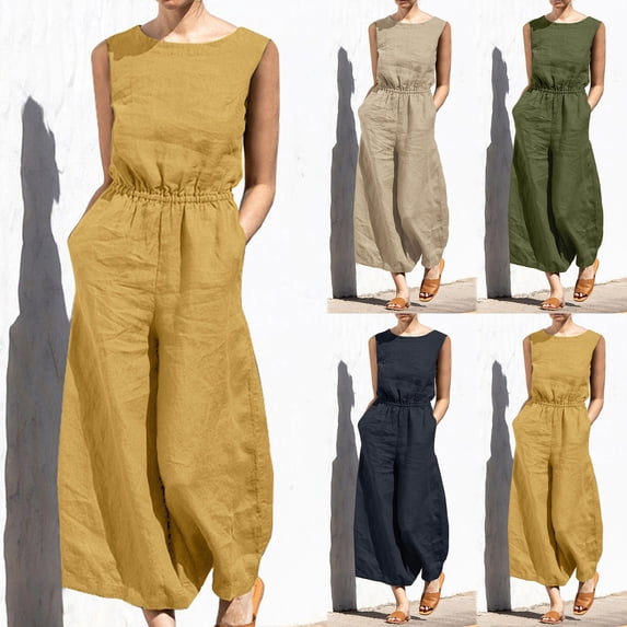 AGWOLF Linen Jumpsuits for Women Dressy Casual Plus Size Belted One Piece Rompers Loose Fit Solid Color Overalls with Pockets Casual Summer Romper Khaki XXXXXL