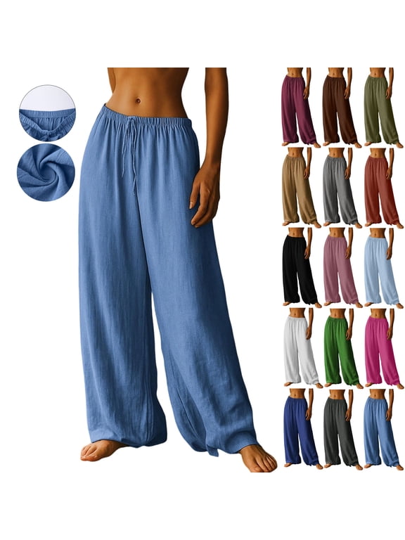 Linen Pants for Women Wide Leg Drawstring Palazzo Lounge Pant Elastic Waist Flowy Culottes Boho Beach Vacation Summer Travel Trousers with Pockets Pink M
