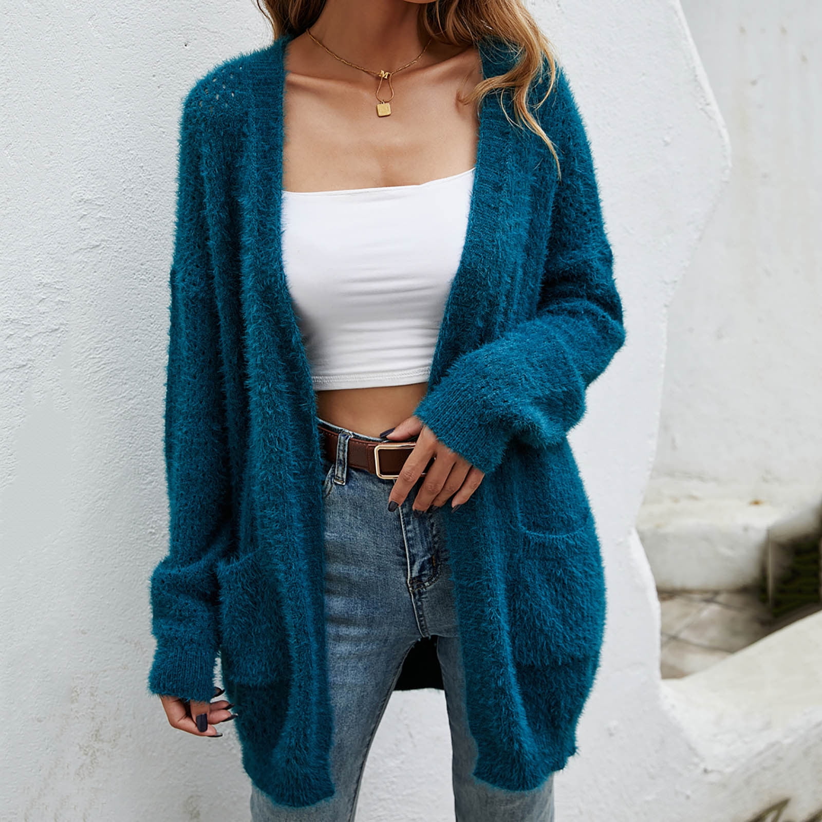 Long Cardigan Sweaters for Women Fuzzy Knitted Jackets Top Solid Basic Open Front Coat Outwear