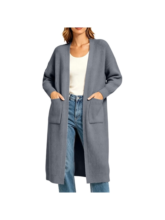 Long Cardigan for Women Plus Size Open Front Cardigans Trendy Casual Long Sleeve Sweater Coats Oversized Knit Duster with Pockets Fall Winter Outerwear Dark Gray XXL