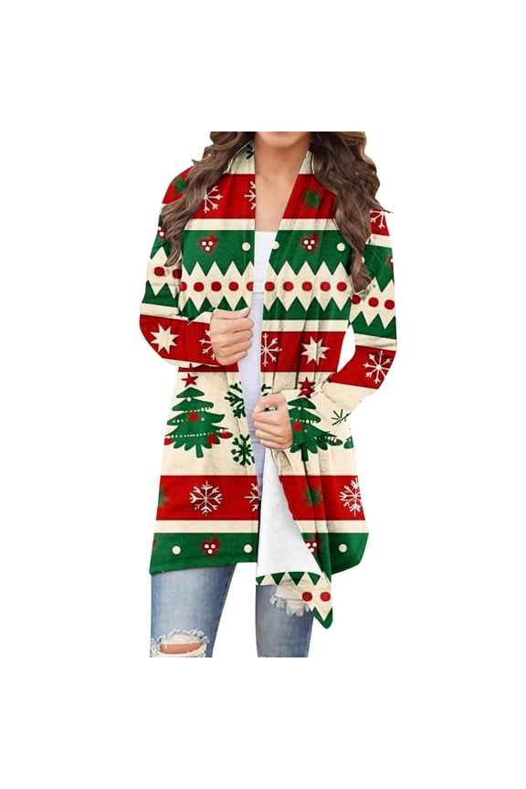 Long Cardigans for Women Cute Christmas Graphic Plus Size Cardigan Lightweight Open Front Xmas Tree Print Coats Fashion Holiday Tops