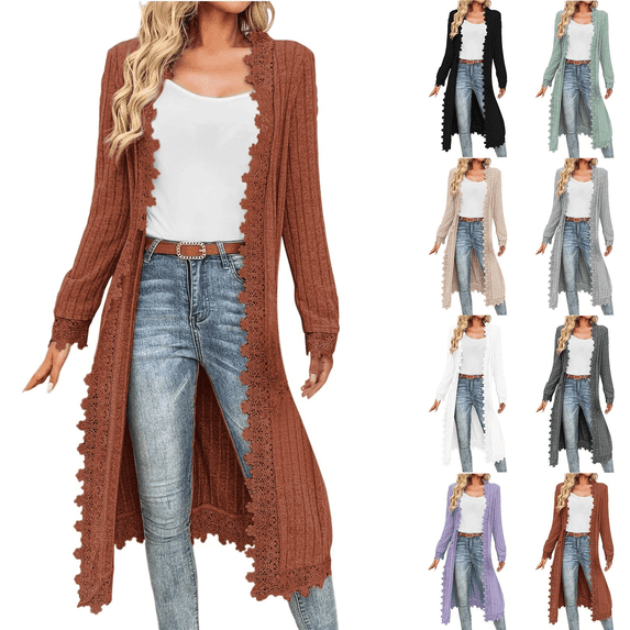 AGWOLF Long Cardigans for Women Open Front Drape Lightweight Duster Long Sleeve Crochet Lace Cardigan Sweaters Casual Fall Outerwear Brown M