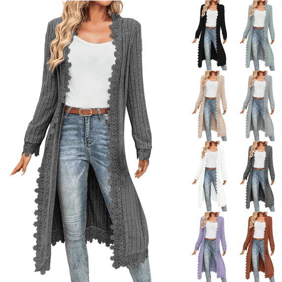 AGWOLF Long Cardigans for Women Open Front Drape Lightweight Duster Long Sleeve Crochet Lace Cardigan Sweaters Casual Fall Outerwear Dark Gray M