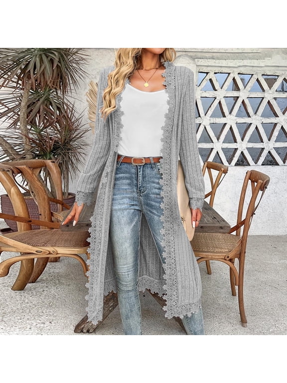 Long Cardigans for Women Open Front Drape Lightweight Duster Long Sleeve Crochet Lace Cardigan Sweaters Casual Fall Outerwear Gray S