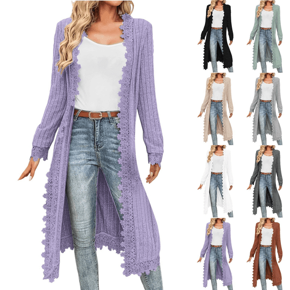 AGWOLF Long Cardigans for Women Open Front Drape Lightweight Duster Long Sleeve Crochet Lace Cardigan Sweaters Casual Fall Outerwear Purple XL