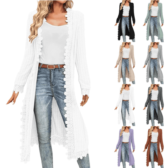 AGWOLF Long Cardigans for Women Open Front Drape Lightweight Duster Long Sleeve Crochet Lace Cardigan Sweaters Casual Fall Outerwear White XXL