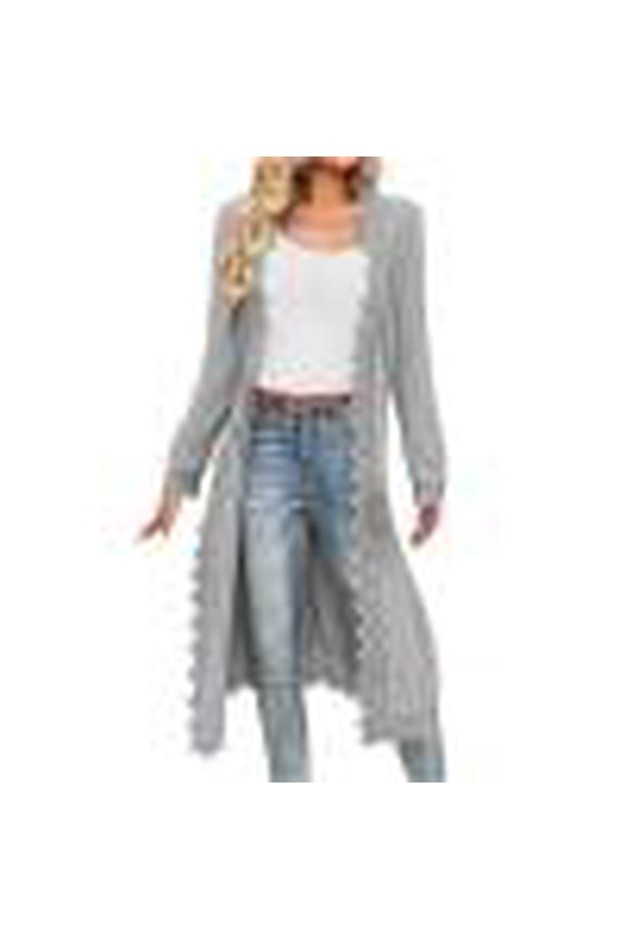 Long Cardigans for Women Open Front Drape Lightweight Knit Cardigan Long Sleeve Crochet Lace Outerwear Casual Fall Cardigan Duster Gray M