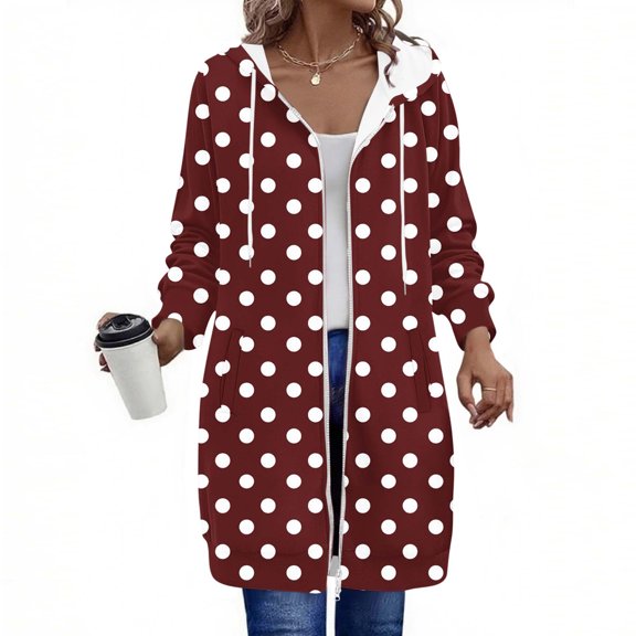 AGWOLF Long Hoodies for Women Cute Dot Print Hooded Jacket Casual Long Sleeve Oversized Sweatshirts with Pockets