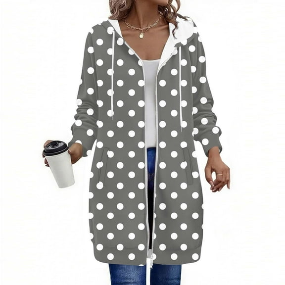 AGWOLF Long Hoodies for Women Cute Dot Print Hooded Jacket Casual Long Sleeve Oversized Sweatshirts with Pockets