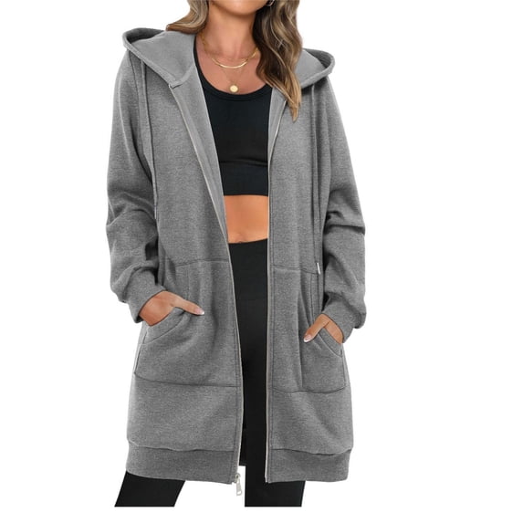 AGWOLF Long Hoodies for Women Trendy Oversized Full Zip Up Sweatshirts Solid Long Sleeve Hooded Jecket Coat with Pocket