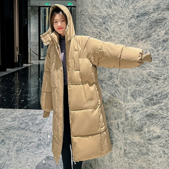 AGWOLF Long Puffer Jacket Women Thicken Long Sleeve Hooded Parka Winter Warm Stand Collar Zip Up Coats Windproof Outdoor Thermal Outwear