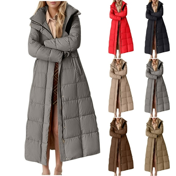 AGWOLF Long Puffer Jackets for Women Long Sleeve Hooded Down Jacket Thickened Thermal Outerwear Winter Coats