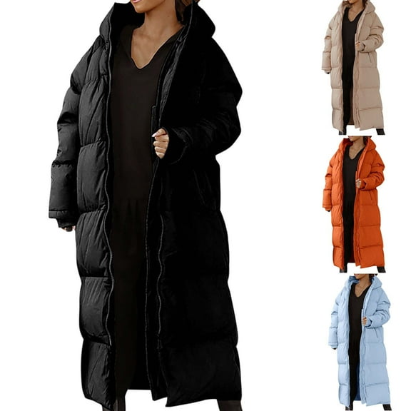 AGWOLF Long Puffer Jackets for Women Oversized Zip Up Hooded Jacket Long Sleeve Thickened Warm Down Coats Puffer Jacket Women