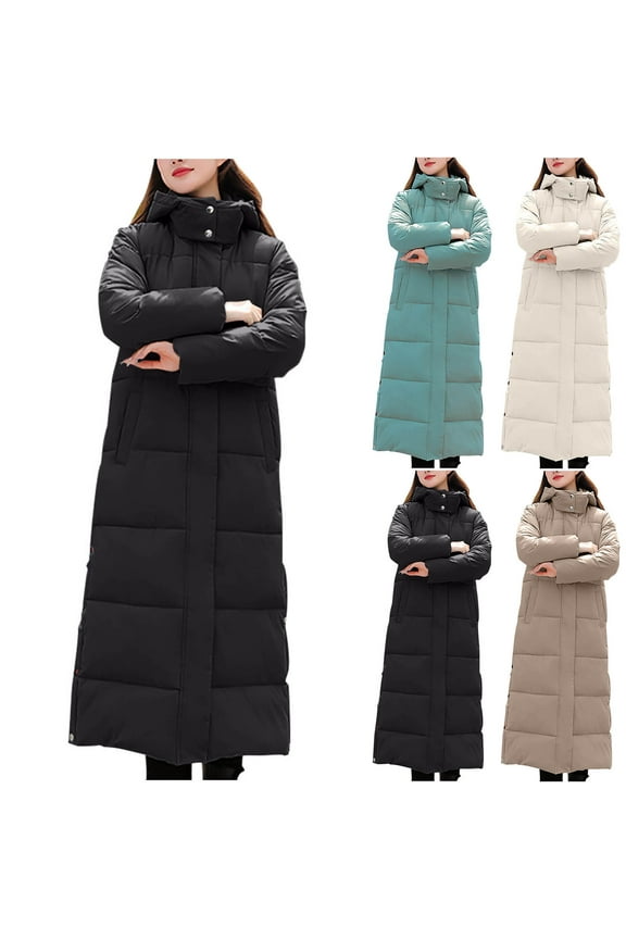 Long Puffer Jackets for Women Winter Warm Stand Collar Hooded Parka Thermal Long Sleeve Zip Up Coats Winter Warm Outwear