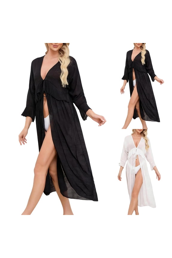 Long Sleeve Flowy Swimsuit Coverup for Women Tie Front Robe Cover Up Sheer Mesh Bathing Suit Coverups Beach Cover Ups Vacation Resort Wear White Free Size