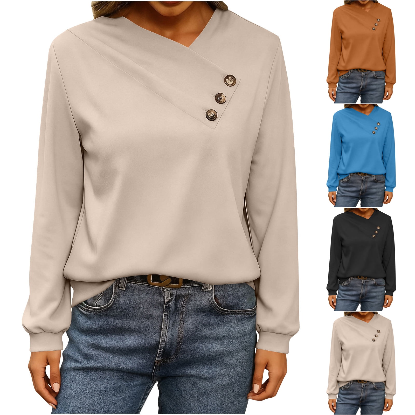 AGWOLF Long Sleeve Shirts for Women Asymmetric V Neck Loose Fit ...