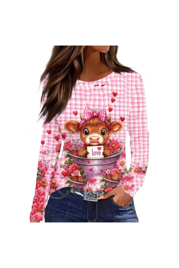 Long Sleeve Shirts for Women Cute Cow Graphic Tees Funny Valentines Day Shirt Plus Size Crewneck Pullover Holiday Top