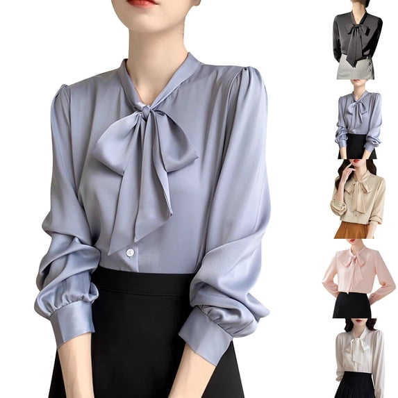 AGWOLF Long Sleeve Shirts for Women Dressy Satin Bow Tie Blouses Business Casual Tops Fall Lightweight Pullover